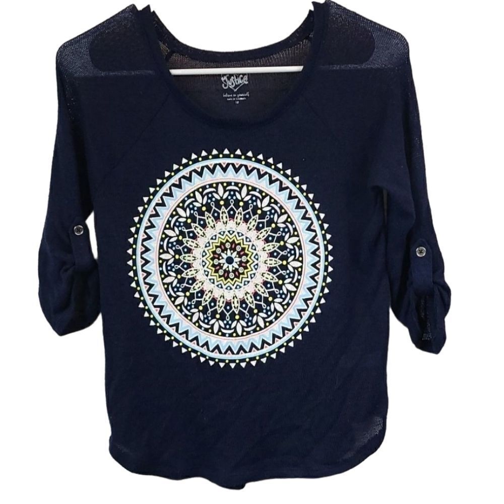 Justice Navy Blue Spring Lightweight Sweater Glitter Medallion Tab Sleeves Sz 10